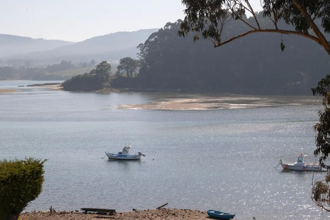 Ría de Foz con dos barcas de pesca y el monte al fondo, vista desde el entorno del hotel